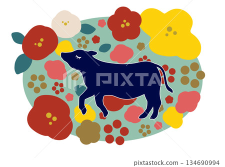 Scandinavian-style New Year's illustration of a cow and flowers 134690994