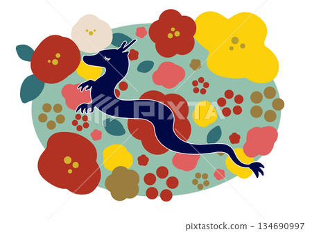 北歐風格的新年插畫，描繪了龍和鮮花。 134690997