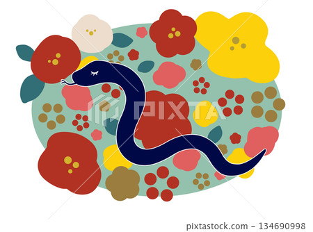 北歐風格的新年插畫，描繪了蛇和鮮花。 134690998