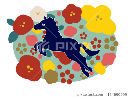 Scandinavian-style New Year's illustration of a horse and flowers Scandinavian-style New Year's illustration of a horse and flowers 134690999
