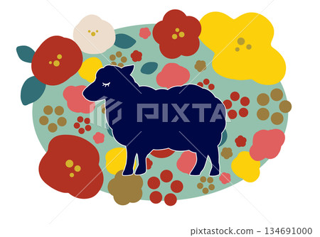 Scandinavian-style New Year's illustration of sheep and flowers Scandinavian-style New Year's illustration of sheep and flowers 134691000