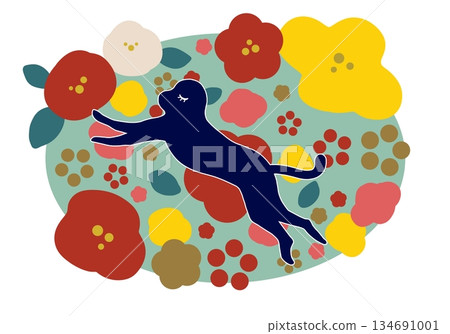 北歐風格的新年插畫，描繪了猴子和鮮花。 134691001