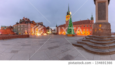 Plac Zamkowy Warsaw Poland dawn Christmas decorations Plac Zamkowy Warsaw Poland dawn Christmas decorations 134691366