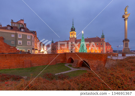 Plac Zamkowy Warsaw Poland dawn Christmas decorations Plac Zamkowy Warsaw Poland dawn Christmas decorations 134691367