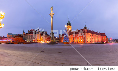 Plac Zamkowy Warsaw Poland dawn Christmas decorations Plac Zamkowy Warsaw Poland dawn Christmas decorations 134691368