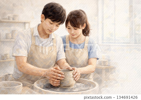 A Japanese couple working together in a morning pottery experience A Japanese couple working together in a morning pottery experience 134691426