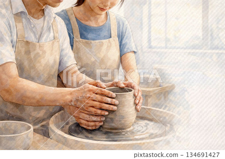 A Japanese couple working together in a morning pottery experience A Japanese couple working together in a morning pottery experience 134691427