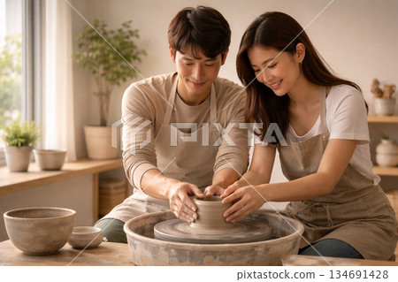A Japanese couple working together in a morning pottery experience 134691428