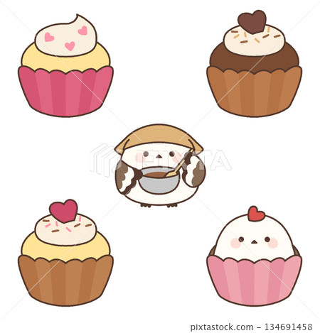 Illustration set of Shimaenaga and handmade cupcakes 134691458