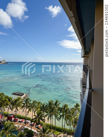 View of Waikiki Beach from the lanai at Sheraton Waikiki in Hawaii 134691502