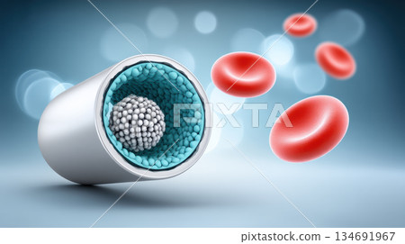 Nanoparticle drug delivery system with red blood cells floating in background, illustrating advanced medical technology and innovation 134691967