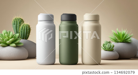 Sustainable packaging reusable bottle eco friendly bottle minimal design neutral color palette kitchen countertop plant decor 134692079