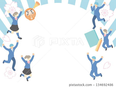 用於祈禱成功和支持考試的等距插圖素材。身著制服的男女跳躍，櫻花盛開。 134692486