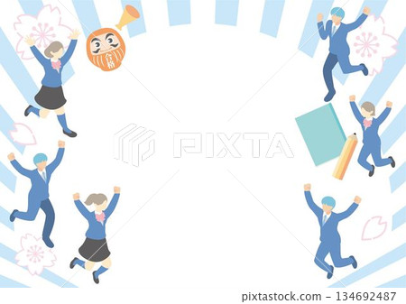 Isometric illustration material for praying for success and supporting exams. Jumping men and women in uniforms and cherry blossoms 134692487