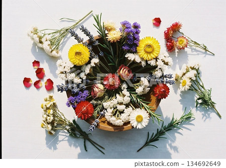 木製容器中插著乾含羞草和棉花。 134692649