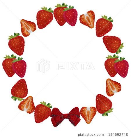 [Strawberry and ribbon frame] Hand embroidery illustration material 134692748
