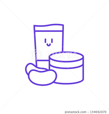 Facial Skincare Products Icon. Thin Line Illustration of Cosmetic Tube, Cream Jar and Patch with Smiling Face, Pictogram of Beauty Treatment, Moisturizer, Spa Therapy and Self Care Routine. Facial Skincare Products Icon. Thin Line Illustration of Cosmetic Tube, Cream Jar and Patch with Smiling Face, Pictogram of Beauty Treatment, Moisturizer, Spa Therapy and Self Care Routine. 134692870