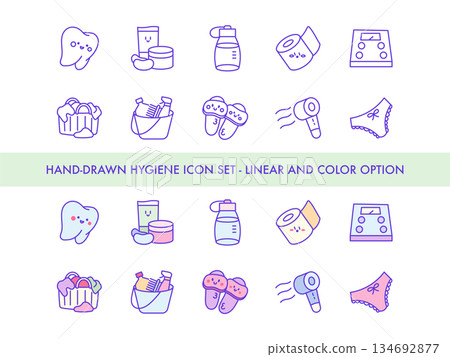 Hand Drawn Hygiene Icon Set - Tooth, Skincare, Soap Dispenser, Toilet Paper, Digital Scale, Laundry Basket, Toiletries Bag, Slippers, Hair Dryer and Underwear for Cleanliness and Personal Care. Hand Drawn Hygiene Icon Set - Tooth, Skincare, Soap Dispenser, Toilet Paper, Digital Scale, Laundry Basket, Toiletries Bag, Slippers, Hair Dryer and Underwear for Cleanliness and Personal Care. 134692877