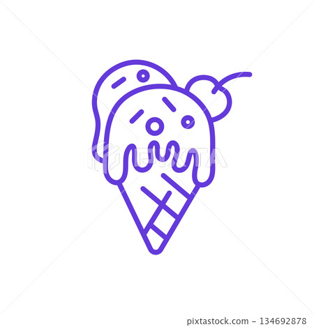 Ice Cream Cone Icon. Thin Line Illustration of Waffle Cone Holding Double Scoops with Dripping Topping and Cherry, Pictogram of Frozen Dessert Treat, Sweet Summer Snack and Dairy Indulgence. Ice Cream Cone Icon. Thin Line Illustration of Waffle Cone Holding Double Scoops with Dripping Topping and Cherry, Pictogram of Frozen Dessert Treat, Sweet Summer Snack and Dairy Indulgence. 134692878