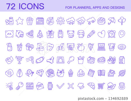 Hand Drawn Planner Lifestyle Icons Mega Set with Food, Weather, Education, Shopping, Media, Hobbies, Daily Activities and Cute Everyday Symbols for Digital Planners and Apps 134692889