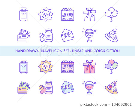 Travel Icon Set. Thin Line Illustration of Vacation Items  Suitcase, Sun, Calendar, Gift, Balloons, Wallet, Cash, Medicine, Envelope, Wine Glass, Pizza Slice for Holiday, Trip, Journey. Isolated Signs 134692901