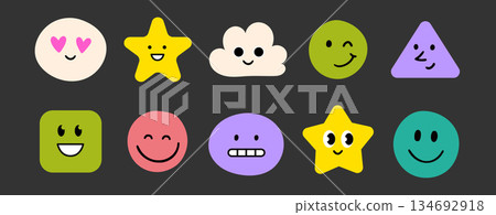 Face smile emoji doodle icon sticker set. Cute kid doodle hand drawn style funny face emoji smile, happy, sad sticker. Funny cartoon emoticon heart, star, flower shape with eyes. Vector 134692918