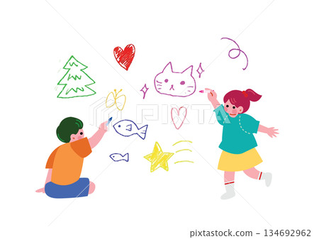 一幅兒童用蠟筆畫畫的插圖 134692962