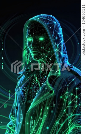 Futuristic Cyberpunk Hacker in Neon Hood with Glowing Green Digital Network Lines. Futuristic Cyberpunk Hacker in Neon Hood with Glowing Green Digital Network Lines. 134693111