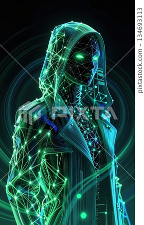 Futuristic Cyberpunk Hacker in Neon Hood with Glowing Green Digital Network Lines. 134693113