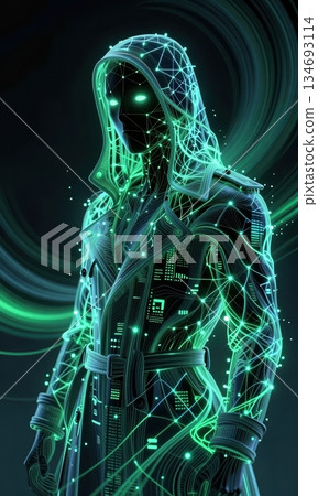 Futuristic Cyberpunk Hacker in Neon Hood with Glowing Green Digital Network Lines. Futuristic Cyberpunk Hacker in Neon Hood with Glowing Green Digital Network Lines. 134693114