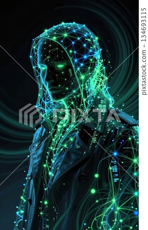 Futuristic Cyberpunk Hacker in Neon Hood with Glowing Green Digital Network Lines. 134693115
