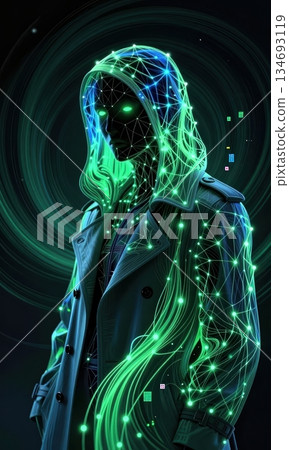 Futuristic Cyberpunk Hacker in Neon Hood with Glowing Green Digital Network Lines. Futuristic Cyberpunk Hacker in Neon Hood with Glowing Green Digital Network Lines. 134693119