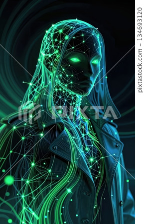 Futuristic Cyberpunk Hacker in Neon Hood with Glowing Green Digital Network Lines. Futuristic Cyberpunk Hacker in Neon Hood with Glowing Green Digital Network Lines. 134693120