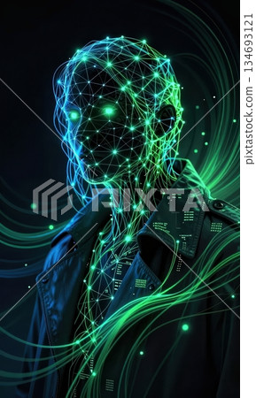 Futuristic Cyberpunk Hacker in Neon Hood with Glowing Green Digital Network Lines. 134693121