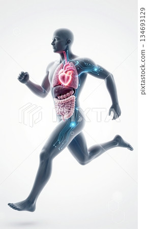 Futuristic 3D Illustration of Running Human Body with Glowing Organs and Digital Interface. 134693129