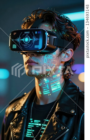 Futuristic Young Man Wearing Neon VR Headset with Holographic HUD Interface. 134693148
