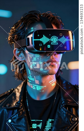 Futuristic Young Man Wearing Neon VR Headset with Holographic HUD Interface. 134693153