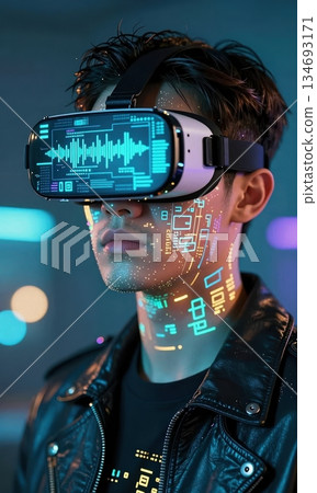 Futuristic Young Man Wearing Neon VR Headset with Holographic HUD Interface. 134693171