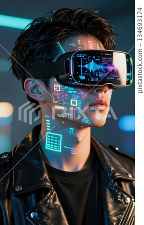 Futuristic Young Man Wearing Neon VR Headset with Holographic HUD Interface. 134693174