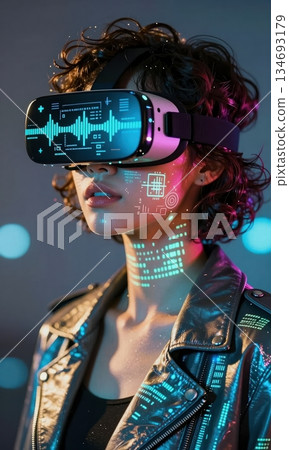 Futuristic Young Woman Wearing VR Headset with Digital Data Projection on Face in Cyberpunk Neon Light. Futuristic Young Woman Wearing VR Headset with Digital Data Projection on Face in Cyberpunk Neon Light. 134693179