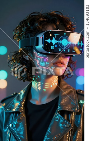 Futuristic Young Woman Wearing VR Headset with Digital Data Projection on Face in Cyberpunk Neon Light. 134693183