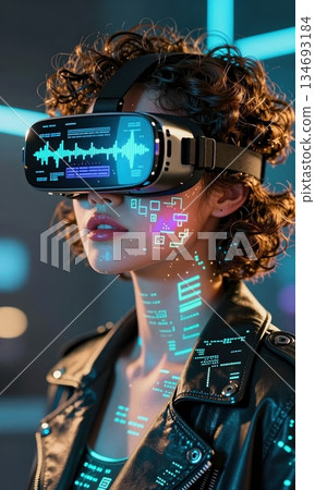Futuristic Young Woman Wearing VR Headset with Digital Data Projection on Face in Cyberpunk Neon Light. 134693184