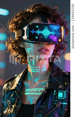 Futuristic Young Woman Wearing VR Headset with Digital Data Projection on Face in Cyberpunk Neon Light. 134693190