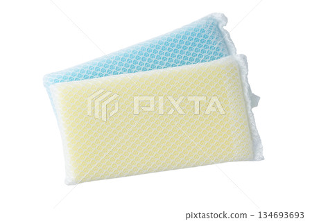 Blue and yellow dishwashing net sponge on transparent background (png) Blue and yellow dishwashing net sponge on transparent background (png) 134693693