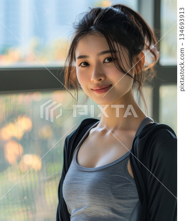 一位看起來像是在健身房的年輕日本女性 134693913