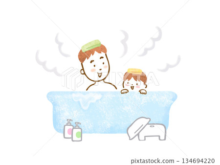 手繪插圖，描繪了一對父子一起洗澡的場景。 134694220