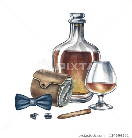 Men's accessories, cognac, wallet with money, cigar, cufflinks, and a bow tie. Hand-drawn watercolor illustration. Colorful image on a men's theme. For postcards, banners, flyers, invitations, posters Men's accessories, cognac, wallet with money, cigar, cufflinks, and a bow tie. Hand-drawn watercolor illustration. Colorful image on a men's theme. For postcards, banners, flyers, invitations, posters 134694331