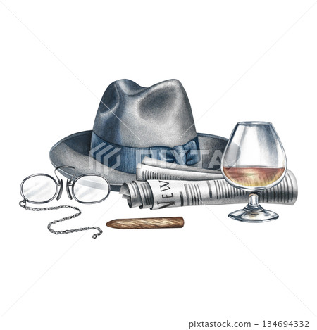 Men's accessories, hat, newspaper, optical glasses, and cognac with a cigar. Hand-drawn watercolor illustration. For postcards, banners, and flyers, as well as for celebrating Men's and Father's Day. Men's accessories, hat, newspaper, optical glasses, and cognac with a cigar. Hand-drawn watercolor illustration. For postcards, banners, and flyers, as well as for celebrating Men's and Father's Day. 134694332