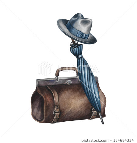 Vintage handbag, men's hat and umbrella. Handmade watercolor illustration. A color image of the traveler's items. Separate from the background. Perfect for banners, flyers, package, label, invitation. 134694334