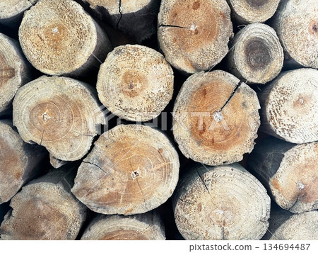 Stacked cut tree logs showing natural wood texture and growth rings, representing forestry industry, raw material, natural resource management, sustainability, and rustic background pattern 134694487